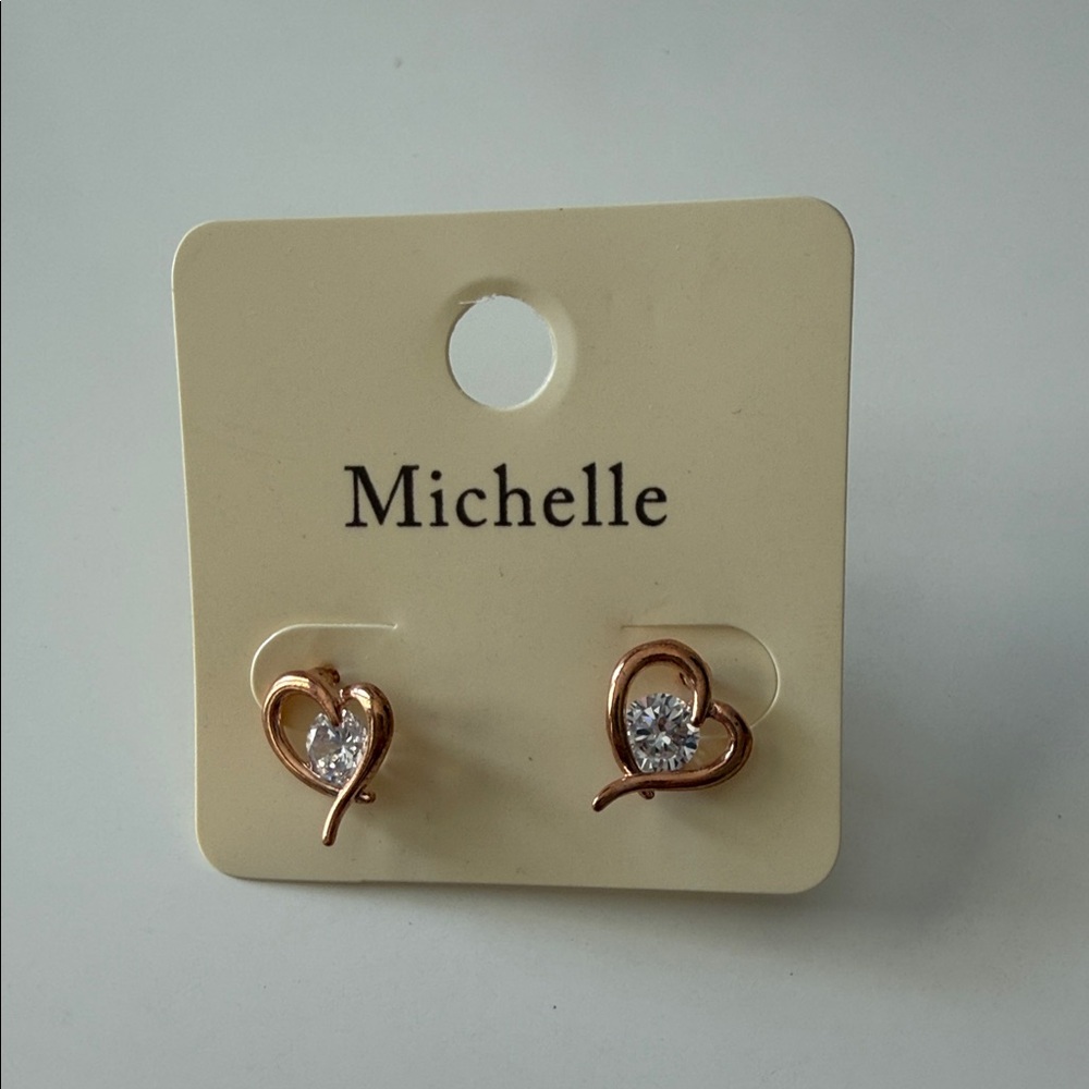 Michele Gold Heart Earrings with Sparkling Center